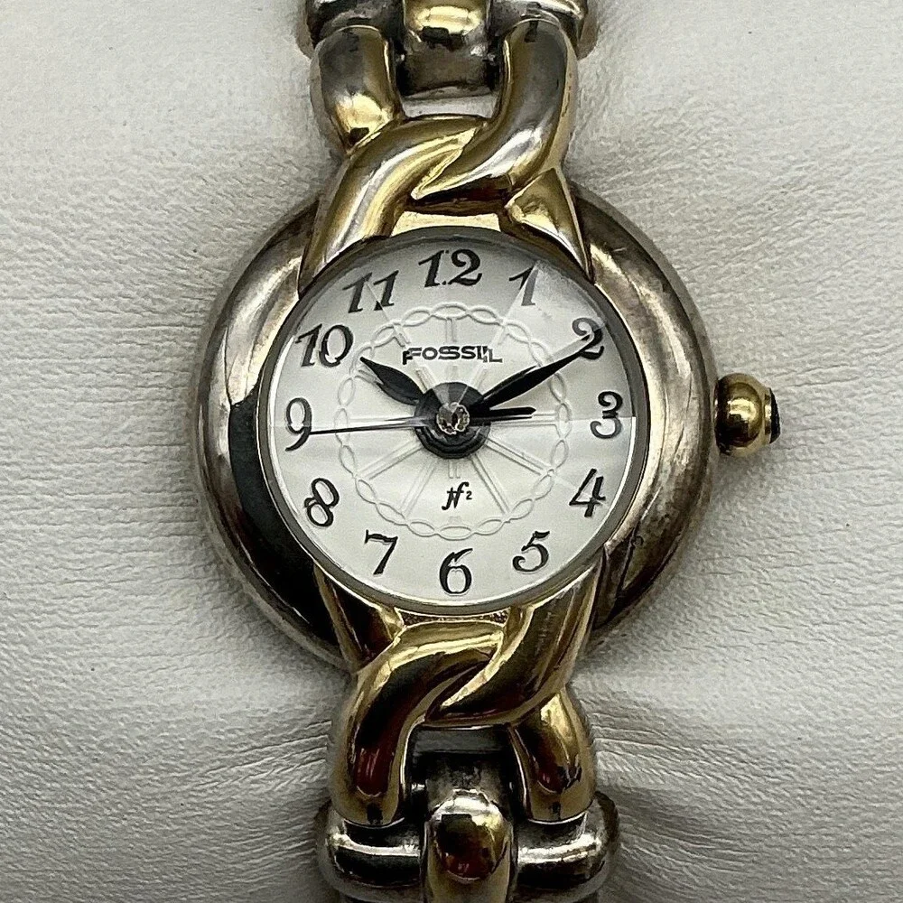 Fossil F2 Womens Watch 22mm White Dial Two Tone Bracelet PC-9697 New Battery 6